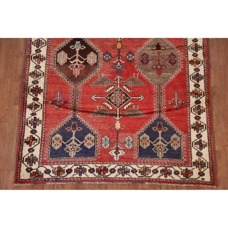 Hand Knotted Oriental 100% Wool Carpet Traditional Tribal Red Shiraz Area Rug - 9' 5'' X 5' 3''