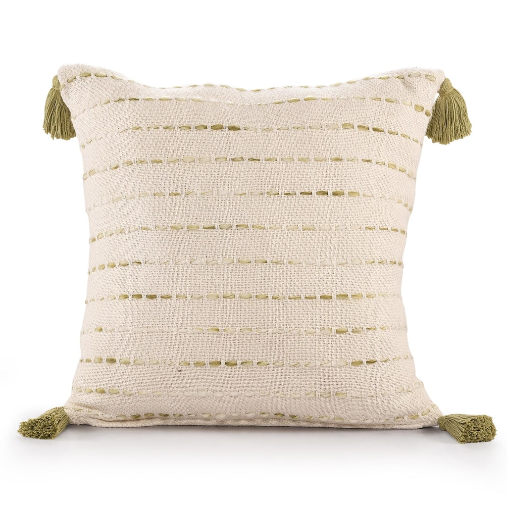 Handmade Variegated Stripe Square Throw Pillow with Tassels - 20" - Green and White
