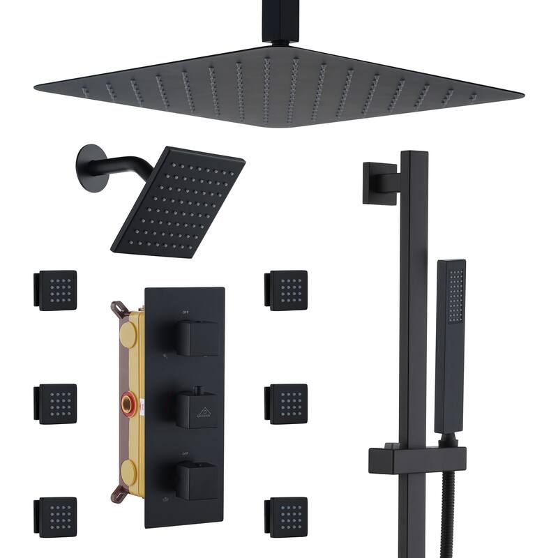 CASAINC Dual Heads High Pressure 16 Inch 4 Function Shower Head Shower System with Sliding Rod Handheld Shower and 6 Body Jet - Matte Black