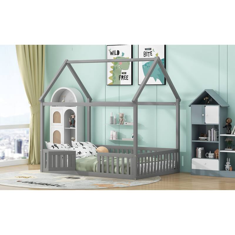Pine House Floor Bed with Door, Fence & Roof