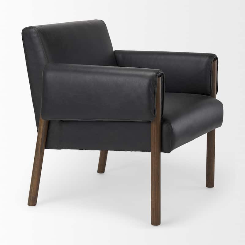 Ashton Black Faux Leather Fabric w/ Dark Brown Solid Beechwood Frame Accent Chair - 28.5"W x 29.7"D x 31.4"H