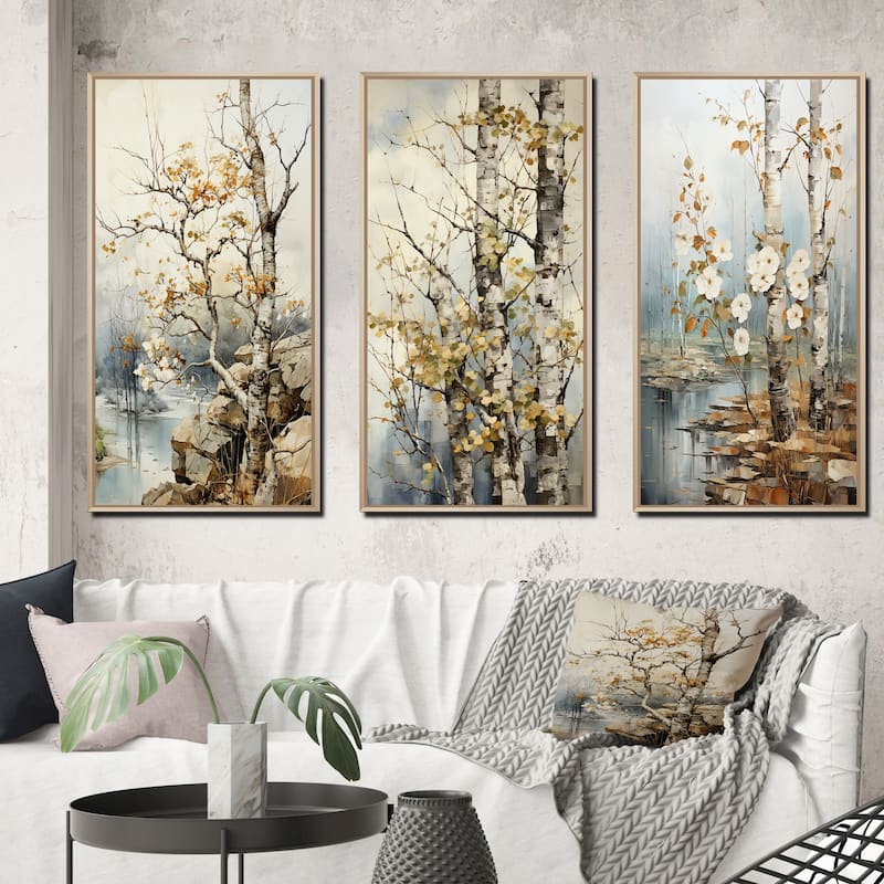 Designart "Beige Grey Tree Sycamore Symphony" Floral Framed Wall Art Set Of 3 Frame Canvas Set For Living Room Decor - 50 in. wide x 32 in. high - 3 Panels - Maple