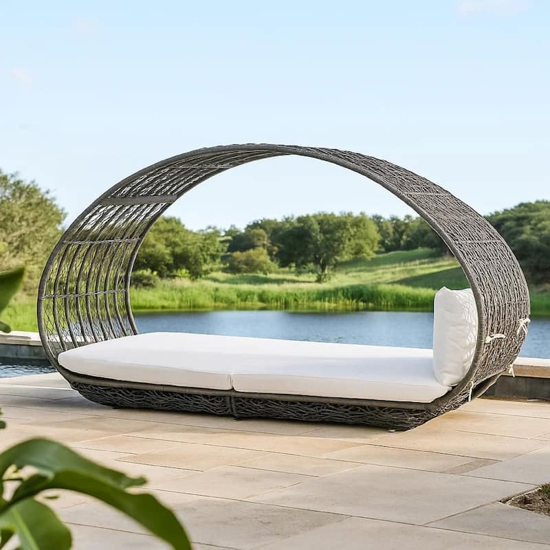 Outdoor Canopy Daybed, Gray Faux Rattan Frame with Off White Cushions