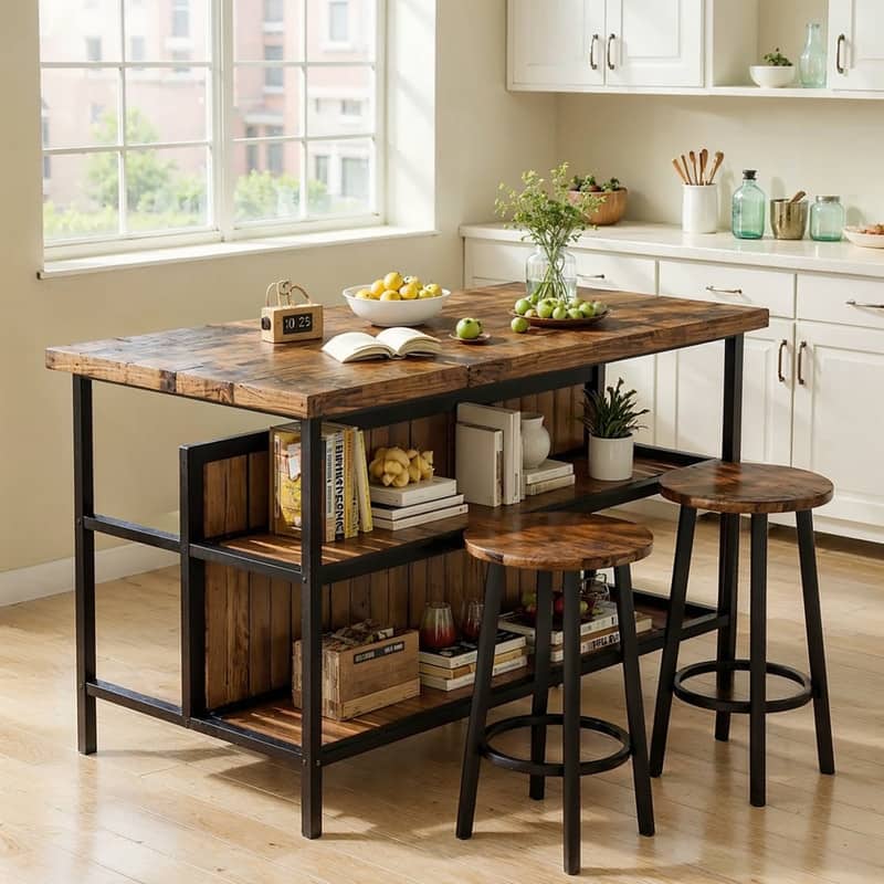 Grondin Mid-Century Modern 3-Piece Faux Marble Top Kitchen Island Set with 2 Stools and Shelves