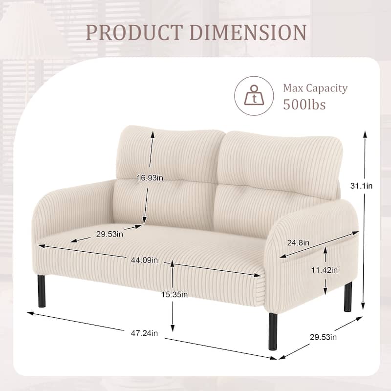 HOMEFUN Corduroy Upholstered Tufted Comfortable Wood Frame Loveseats Sofa with Double Side Pocket