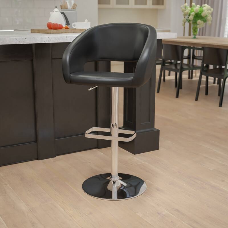 Modern Upholstered Adjustable-Height Barstool with Rounded Back - Black Vinyl
