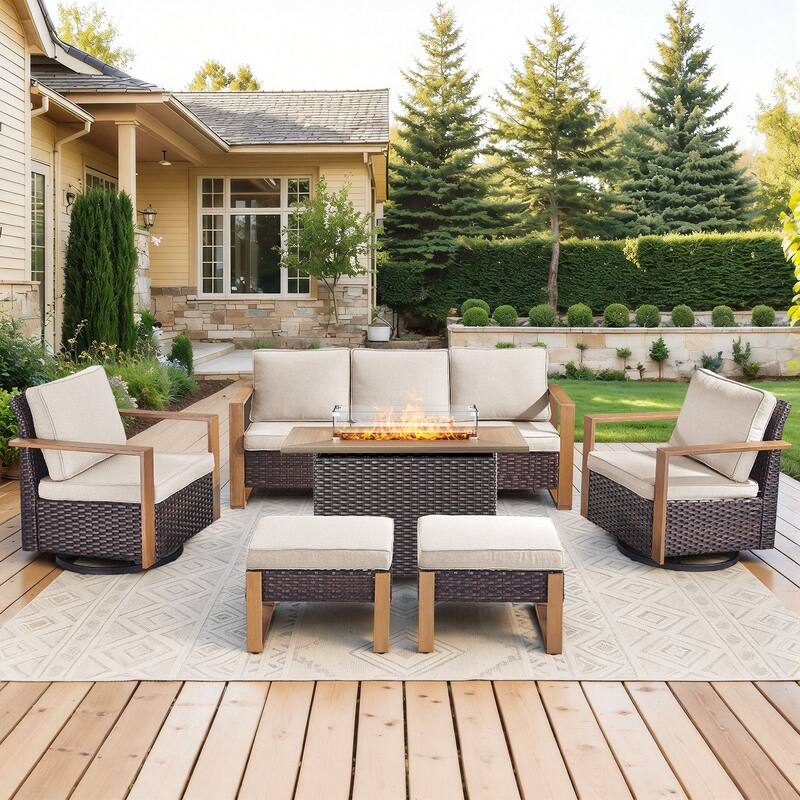 Meyreso Wicker Outdoor Patio Fire Pit Set with Swivel Gliders & 4.5" Olefin Cushions