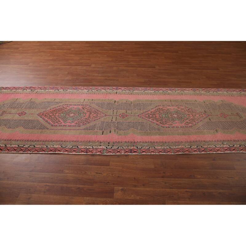 Pink Geometric Sirjan Persian Runner Rug Vintage Handmade Wool Carpet - 3'4" x 12'3"