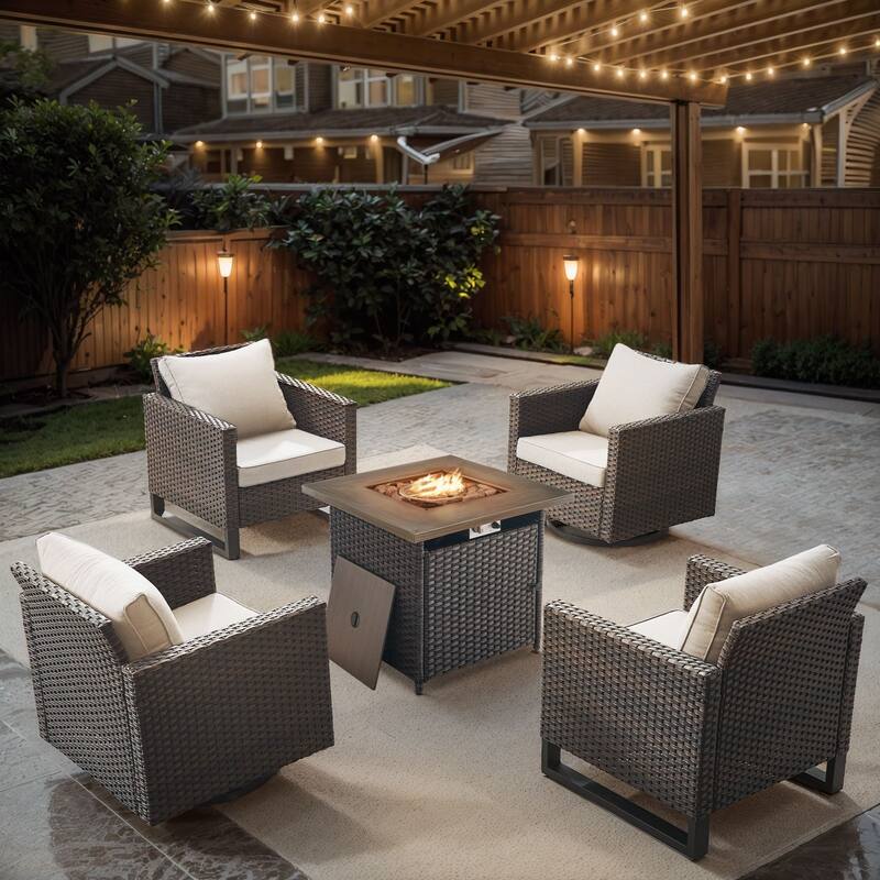 Gymojoy Outdoor Fire Pit Conversation Set, Patio Furniture with Cushions - 5 PCS - Swivel Chair & Fire Pit & Club Chair - Brown Wicker / Beige Cusion