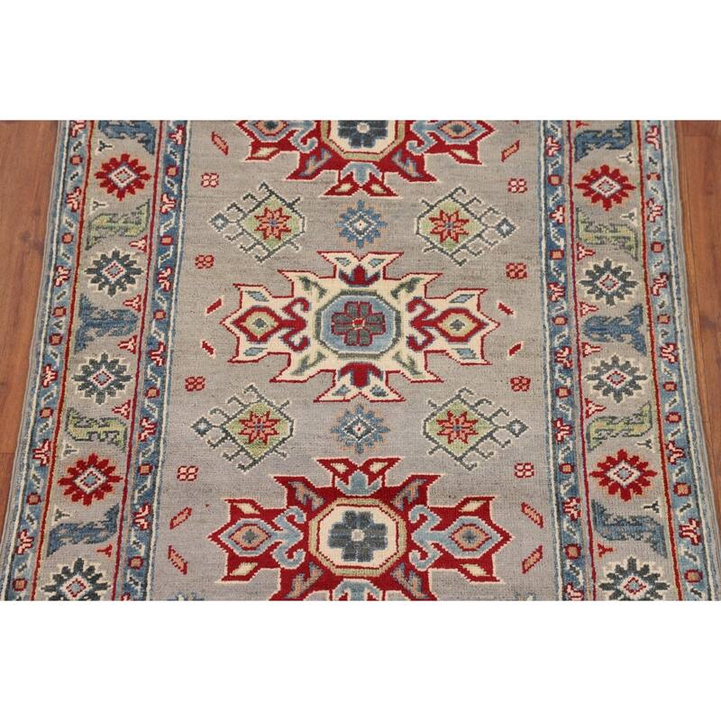Gray Geometric Kazak Oriental Accent Rug Bedroom Handmade Wool Carpet - 2'8" x 4'2"