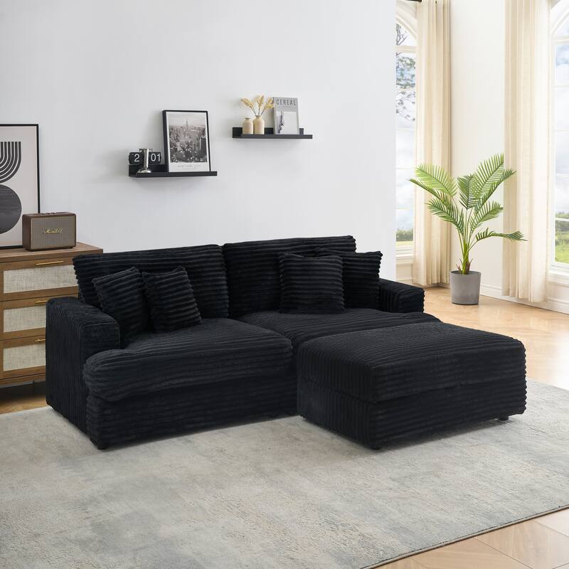 82-inch Black Corduroy Sofa with Storage Ottomans and 4 Pillows