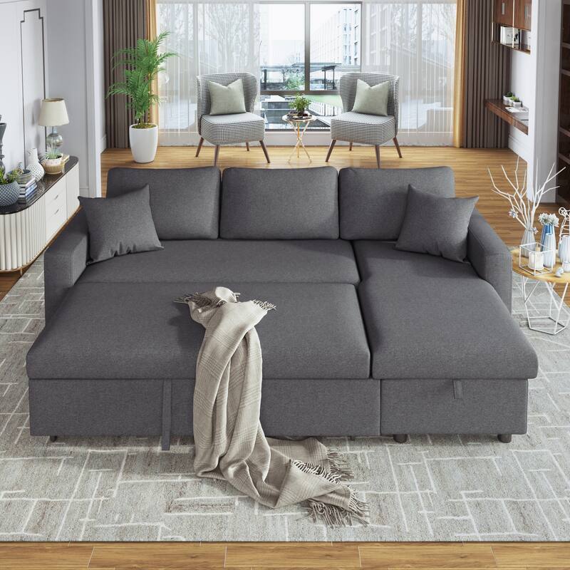87.44" Upholstery Sectional Sofa Sleeper with Storage Space, 2 in 1 Pull-Out Sofa Bed