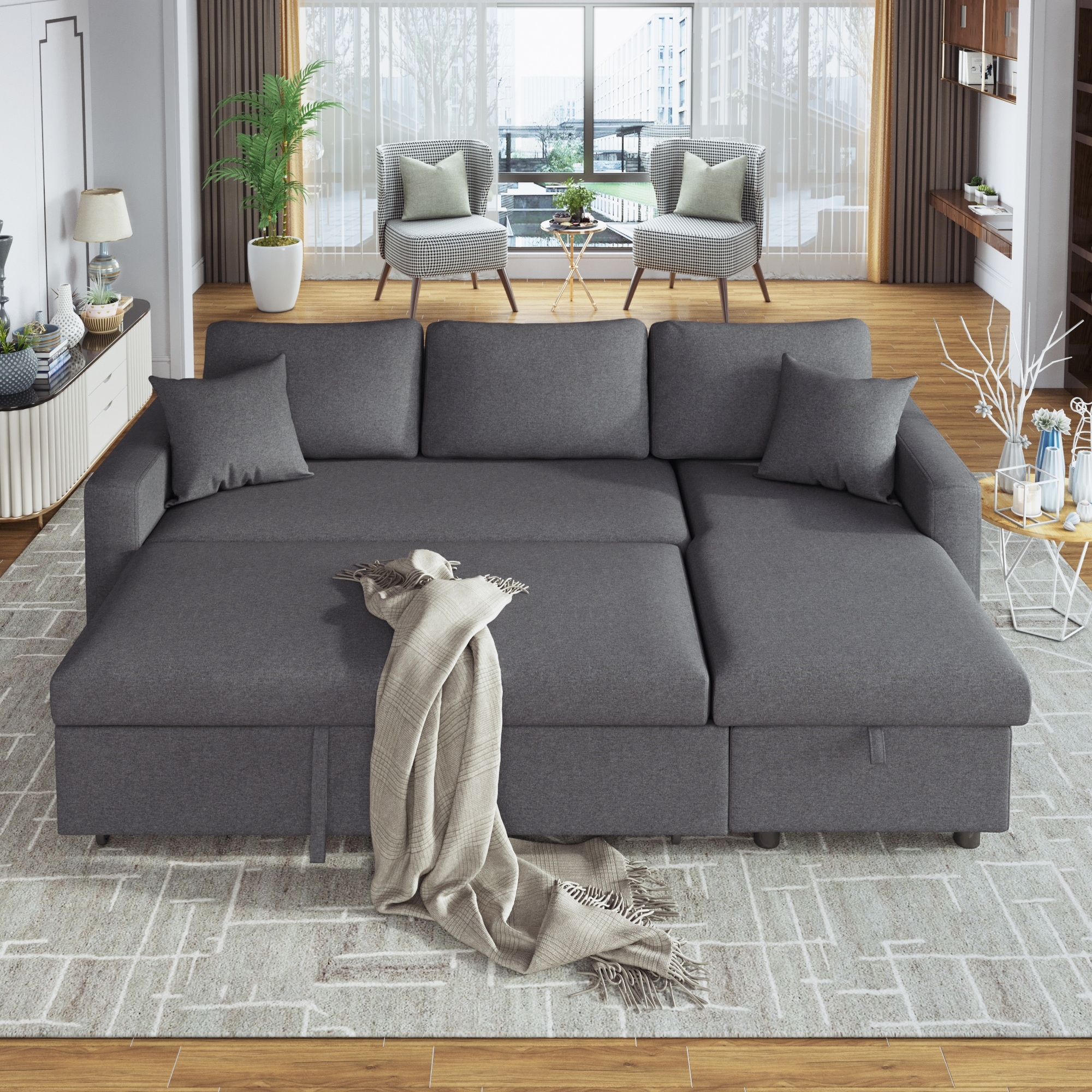  89 Upholstery Sleeper Sectional Sofa with Storage Space, USB  Port, 2 Cup Holders on Back Cushions : Home & Kitchen