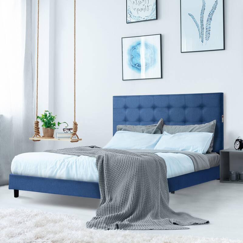 Madison Upholstered LED-lit Platform Bed Frame - Blue - Full