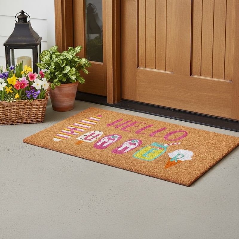 HomeRoots 17" X 29" Brown Pink And White Hello Summer Outdoor Coir Door Mat - 17.00' X '29.00 - 17.00' X '29.00