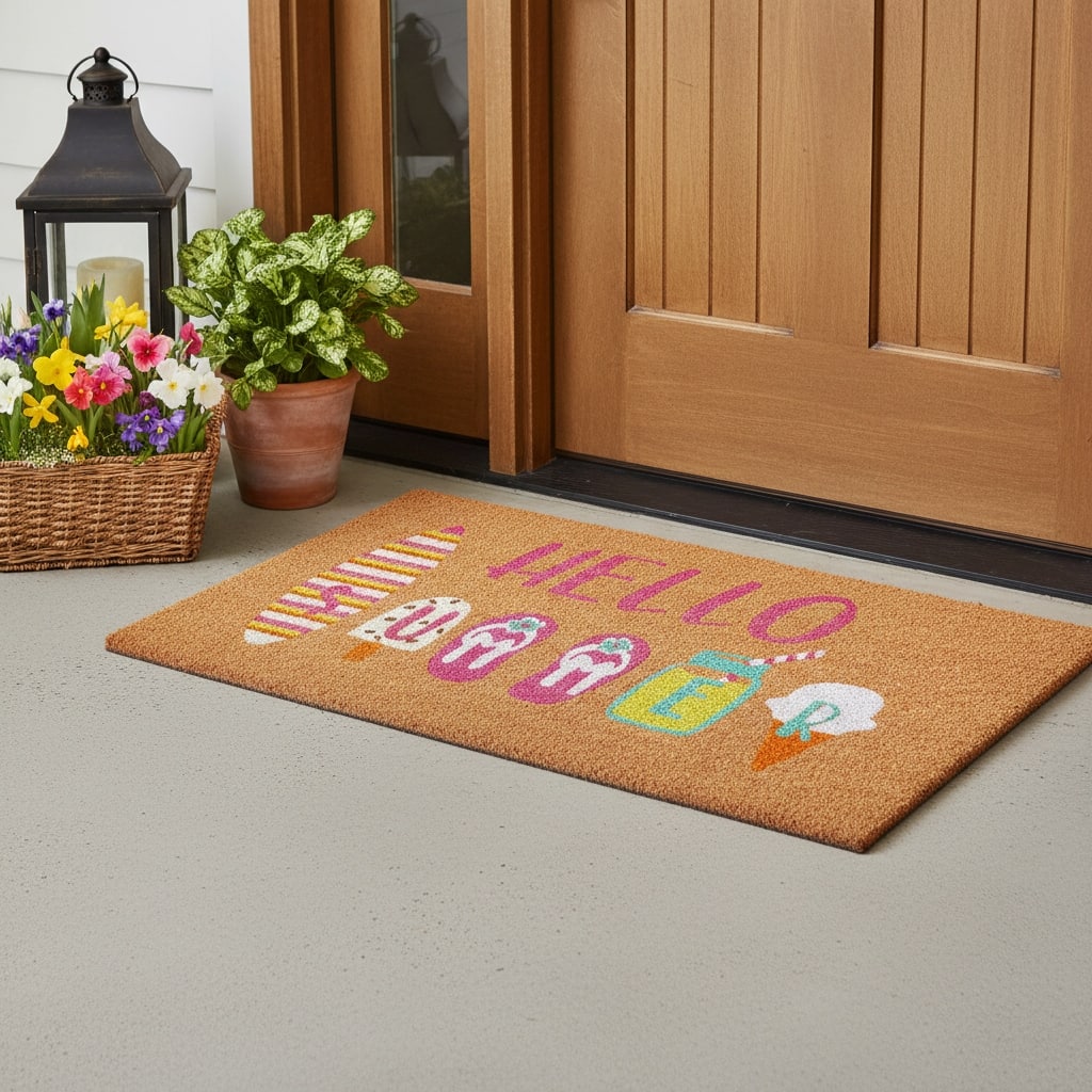HomeRoots 17" X 29" Brown Pink And White Hello Summer Outdoor Coir Door Mat - 17.00' X '29.00