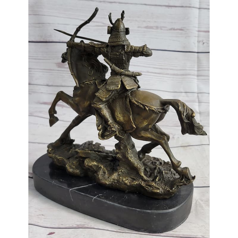 Samurai Warrior On Imitative Horse Bronze Statue Sculpture Hot Cast Marble Base Figurine