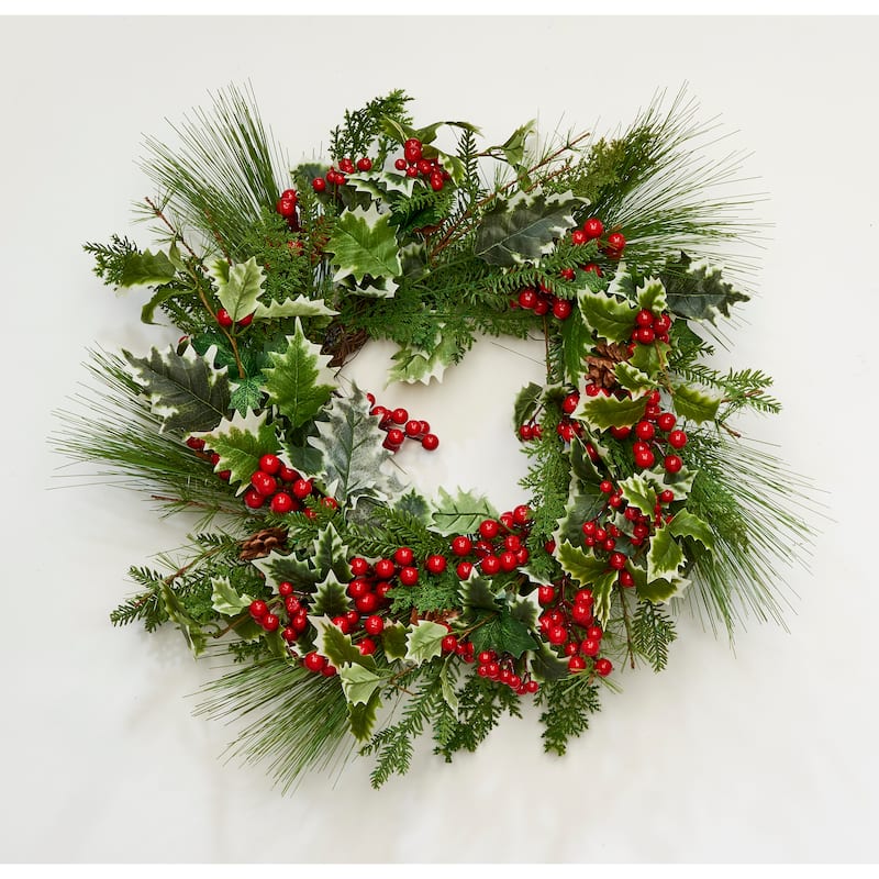 22" Variegated Holly Pine Berry Wreath - Multicolor