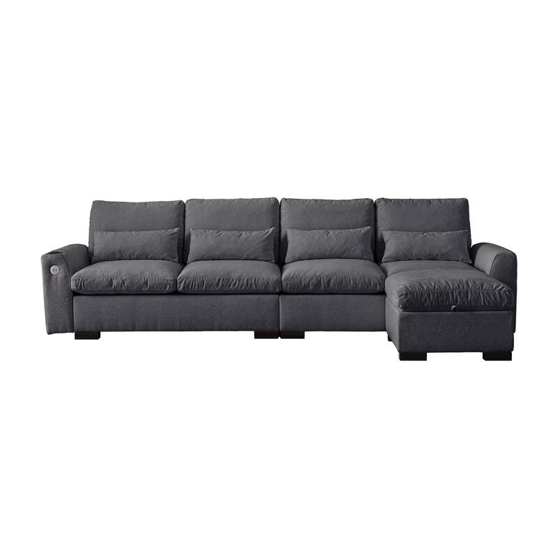 114.5" Modern Modular L Shaped Chenille Sofa with Reversible Ottoman, Storage, USB Ports & Cup Holder in Dark Grey