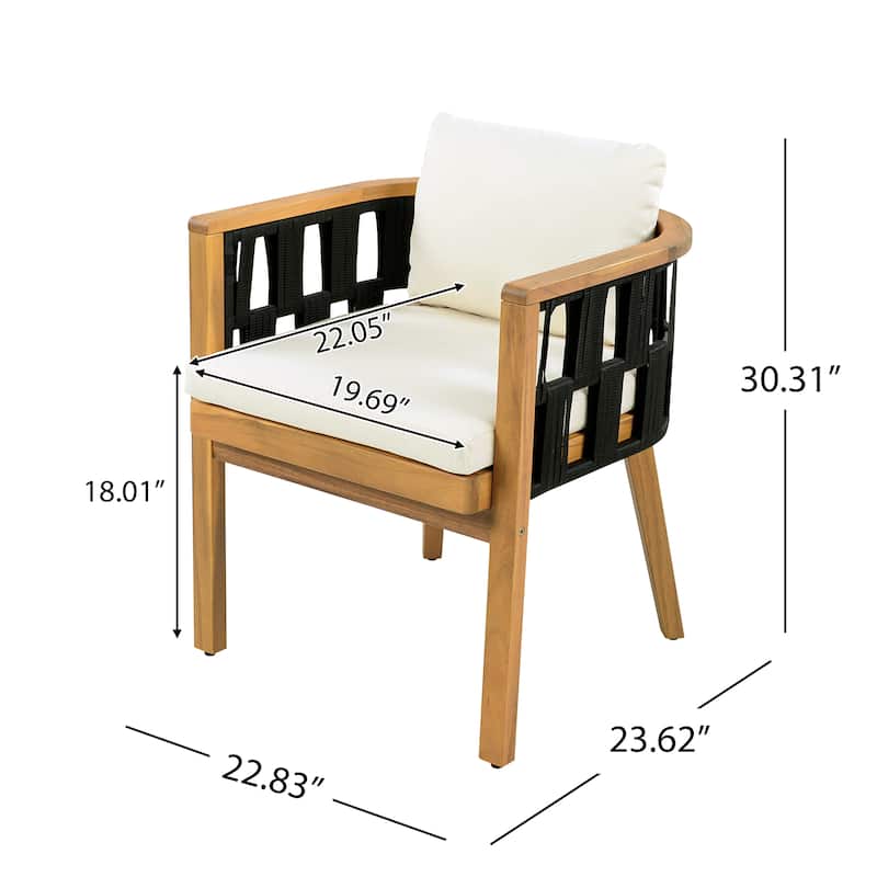 Christopher Knight Home Marrick Patio Acacia Wood Dining Chair with Cream Cushion and Black Flat Rope