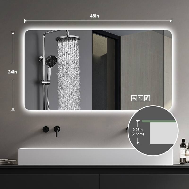 LED Wall Mirror - Bathroom/Full-Length/Makeup Use, 3 Color Lighting, Dimming, Waterproof - Silver