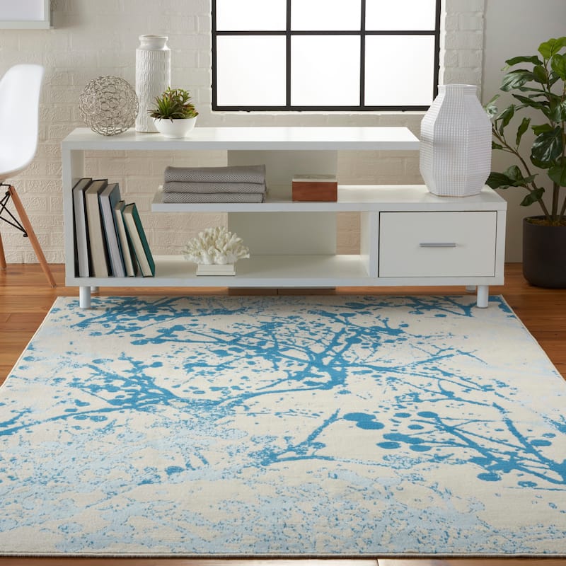 Nourison Jubilant Modern Botanical Abstract Grey Area Rug - 4' x 6' - Ivory/Blue - Rectangle