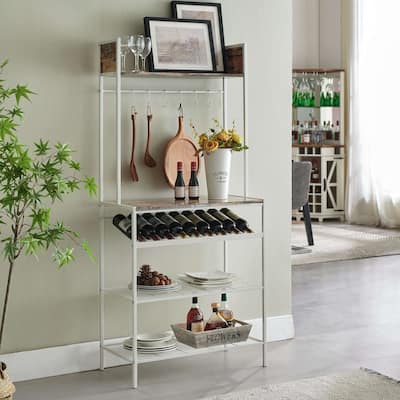 Red Tile Bakers Rack with 9 Wine Bottle Capacity Rack & 8 Hooks - Kitchen Storage Organizer, White