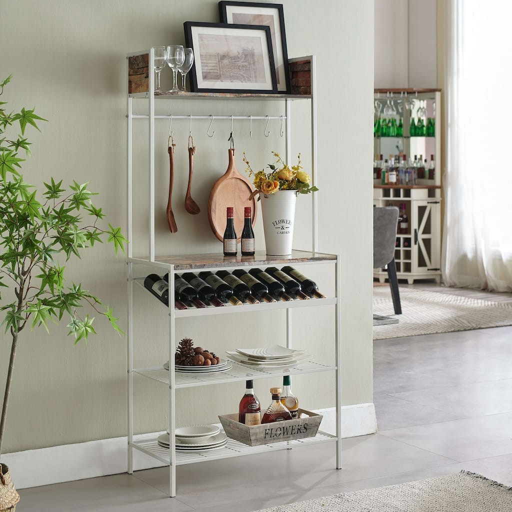 Red Tile Bakers Rack with 9 Wine Bottle Capacity Rack & 8 Hooks - Kitchen Storage Organizer, White