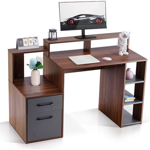 Ivinta Computer Desk with Drawers, 52 inches Office Desk with Hutch and Printer Shelf, Modern Writing Desk