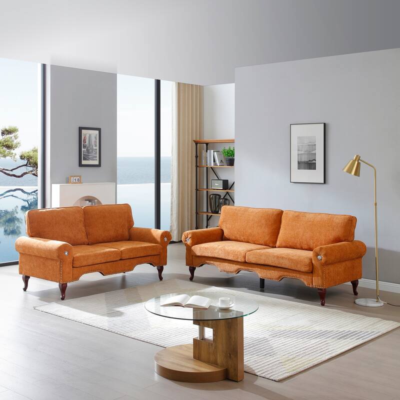 Linen 5-Seater Sectional Sofa Set with Chesterfield Design - Orange