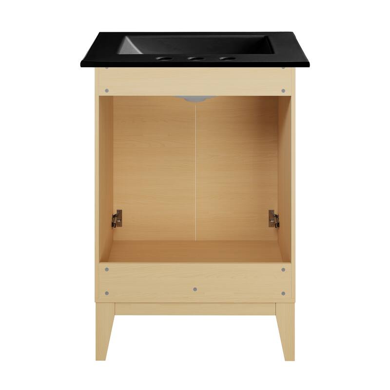 Cascade 24 In. Natural Oak Bathroom Vanity With Black, 3-Hole Ceramic Sink Top