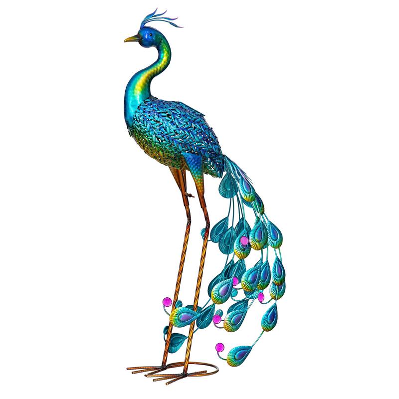 Solar Metal Vibrant Peacock Statue, 33"H