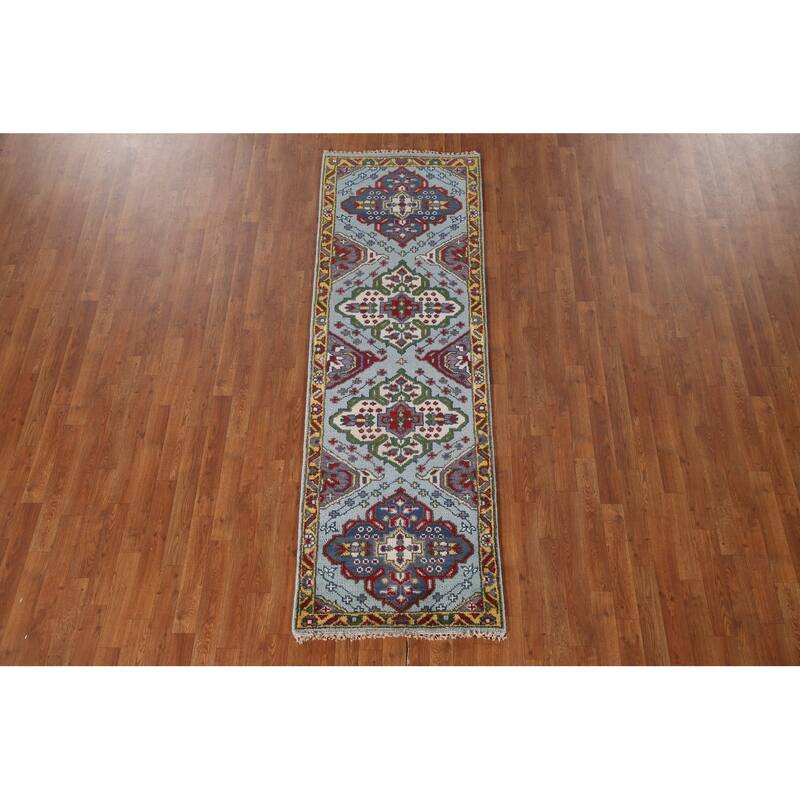 Blue Geometric Kazak Runner Rug Handmade Wool Carpet - 2'6"x 8'0"