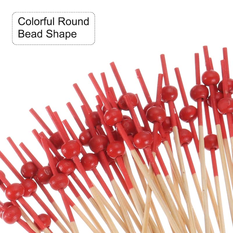 Bamboo Cocktail Toothpicks Red Pearl Bead Drink Picks Skewer 200Pcs - 4.72"