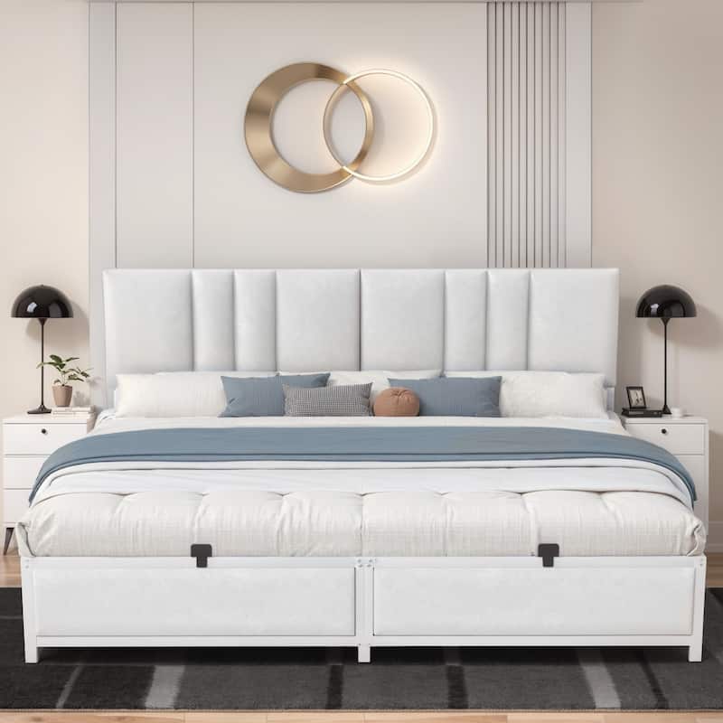 Platform Bed Frame with Ajustable Upholstered Headboard, Bed with USB Port and Charge Station - White - King