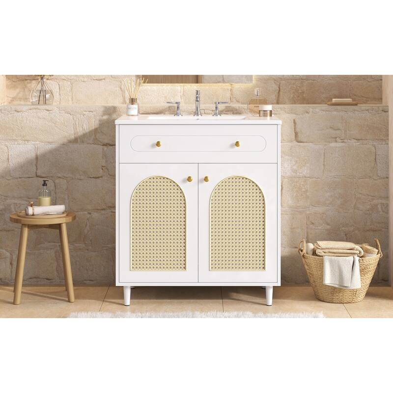 30" Bathroom Vanity with Ceramic Sink, Solid Wood Frame Bathroom Sink Cabinet with Adjustable Shelf, Tip-Drawer