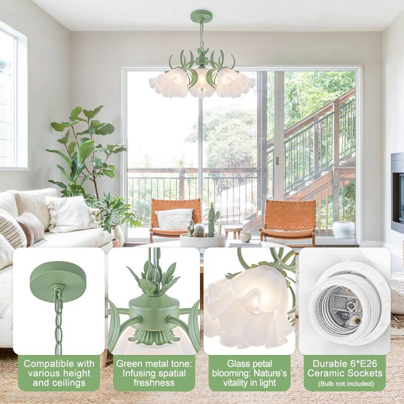 Botanical Green Chandelier with Floral Frosted Glass Shades