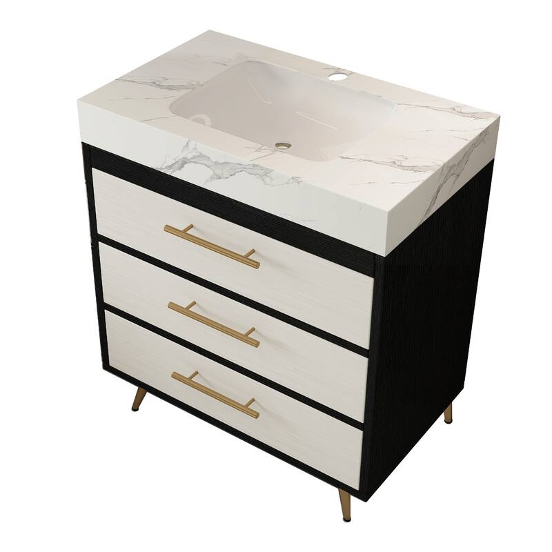 GDFStudio - Athens Modern 29.9" Freestanding Bathroom Vanity with Sintered Stone Top, Ceramic Vessel Sink & Stainless Steel Legs