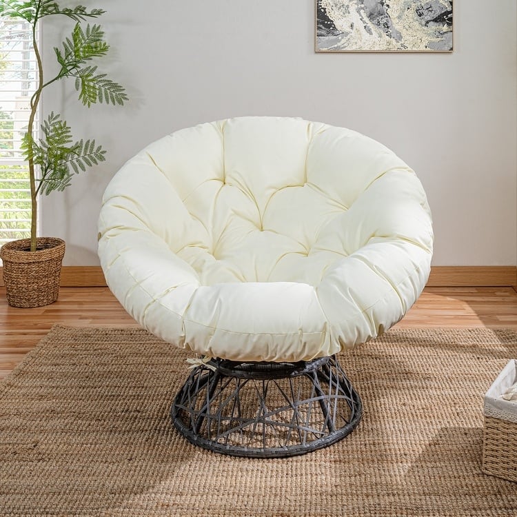 Wicker Papasan Chair with Oversized Cushion & Swivel Base – Indoor Round Lounge Chair for Bedroom, Living Room, or Covered Patio - Cream