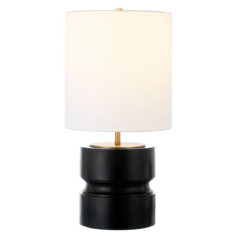 27" Beige and Gold Metal Geometric Table Lamp With White Drum Shade - 14" x 14" x 28"