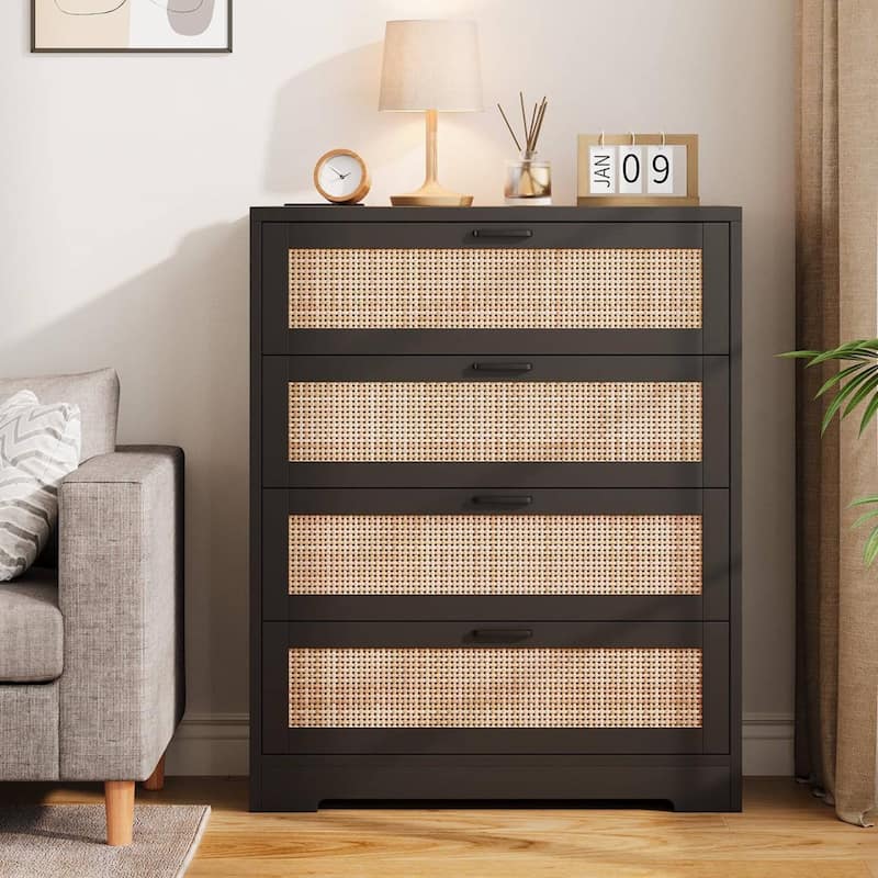 4 Drawers Rattan Dresser, Storage Chest of Drawer for Bedroom, Living Room, Entryway, Hallway