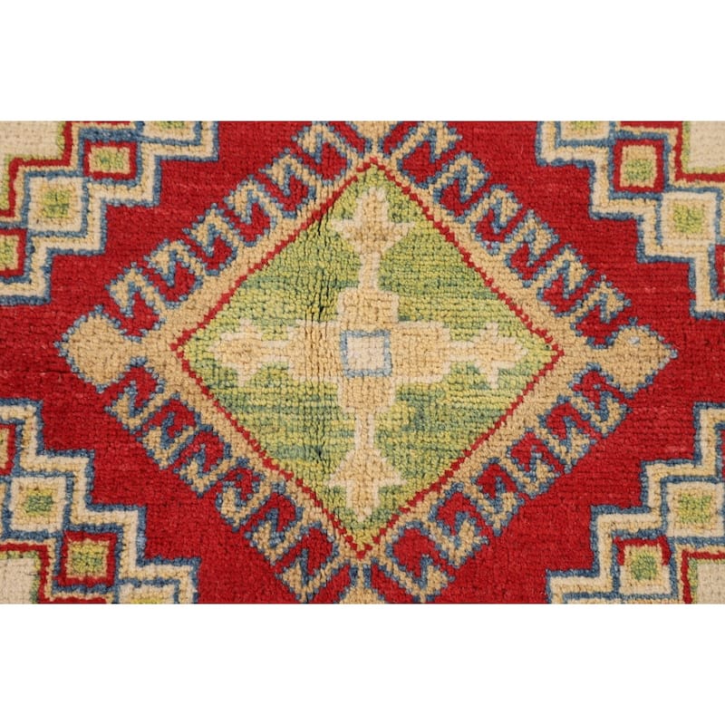 Geometric Kazak Oriental Area Rug Handmade Beige Wool Carpet - 3'11" x 6'0"