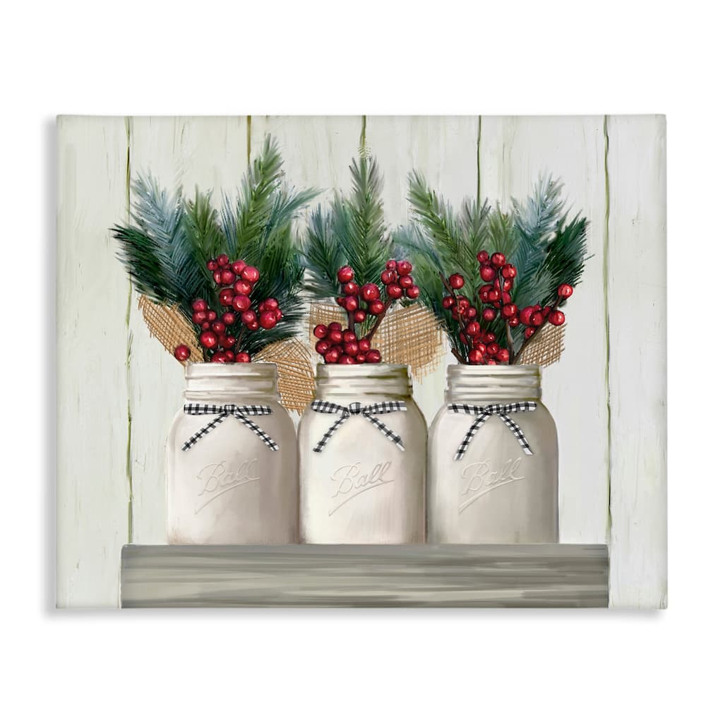 Stupell White Country Jars with Christmas Berry Bouquets Canvas Wall Art - Multi-Color