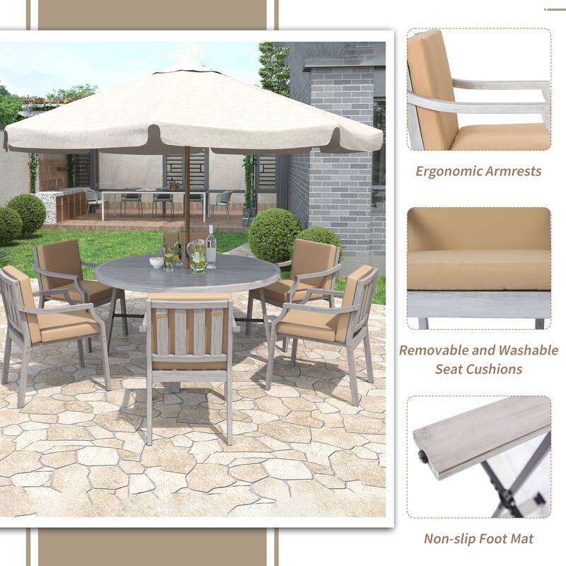 Roomfitters 6-Person Outdoor Wooden Dining Set with Umbrella Hole & Removable Cushions for Patio or Garden, Antique Gray