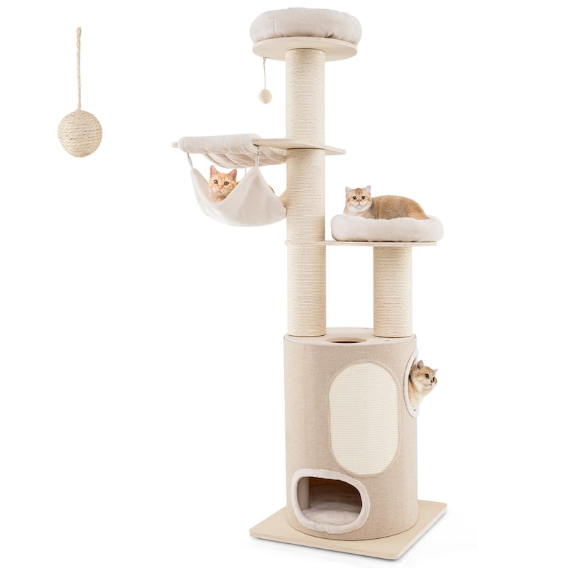Wooden Cat Tree 74 Inches Tall with 2-Story Condo & Washable Soft Cushions - 23" L x 23" W x 74" H