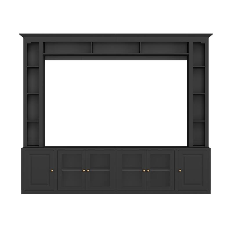 4-Piece Modern TV Stand, for 80/92-Inch TVs with Bookshelves and Adjustable Shelves, for Living Rooms, Black