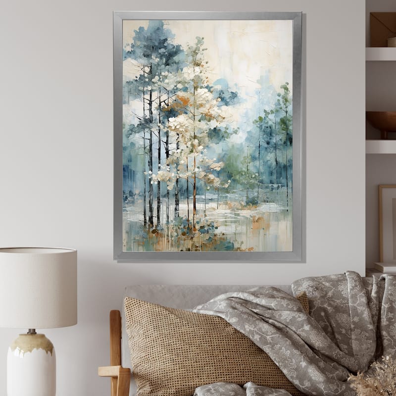 Designart "Pine Tree Enchanted Forest II" Tree Pine Framed Wall Decor - 24 in. wide x 32 in. high - Silver