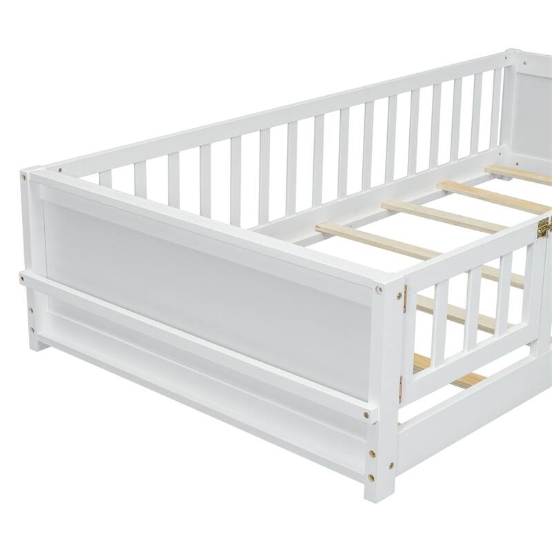Twin Size Wood Platform Bed with Built-in Book Storage Rack and Door