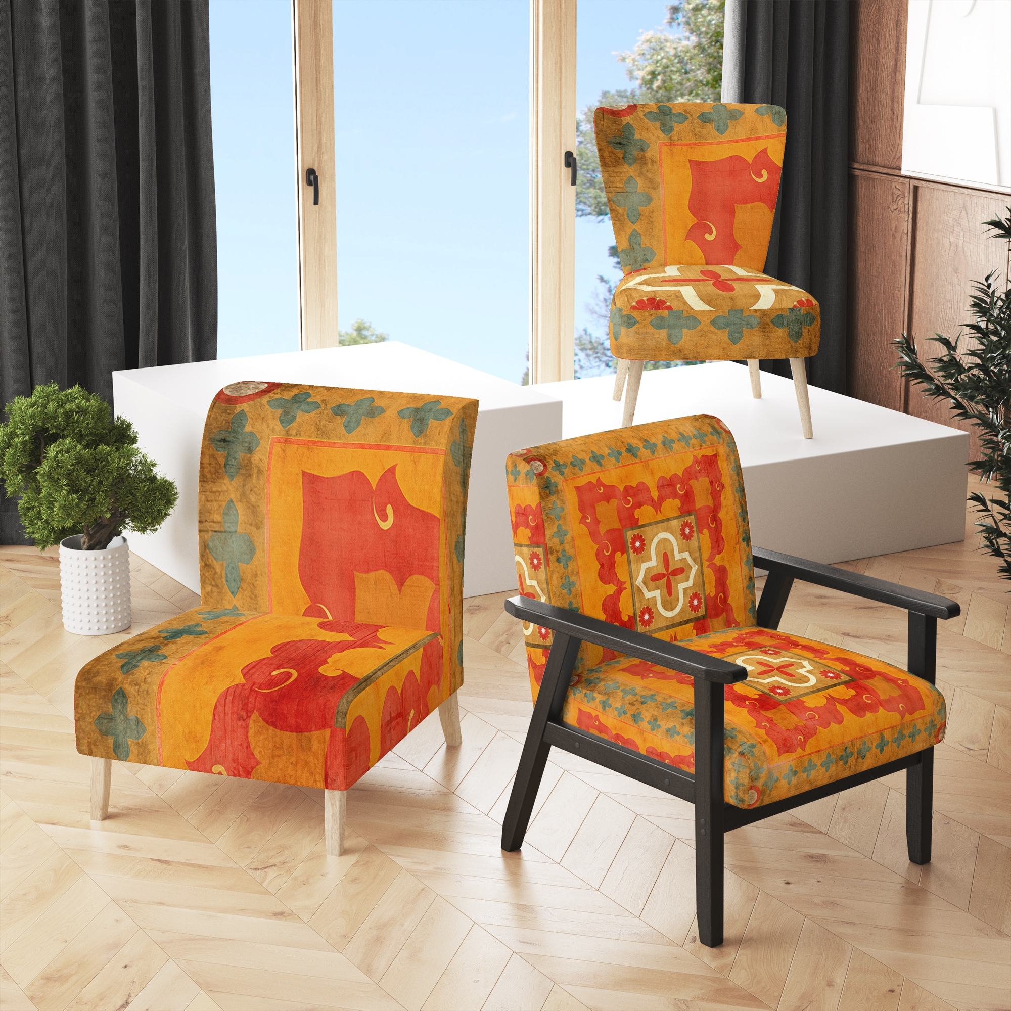 Designart "Moroccan Orange Tiles Collage II" Upholstered Bohemian Chic Accent Chair - Arm Chair