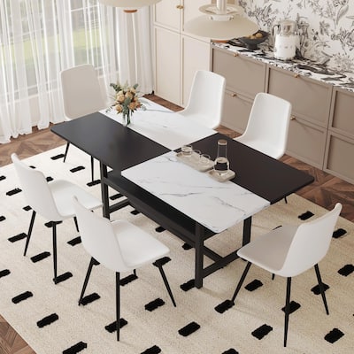 7-Piece Spliced Dining Table Set with Storage Shelf, Scratch-Resistant White & Black Top, Anti-Slip Feet